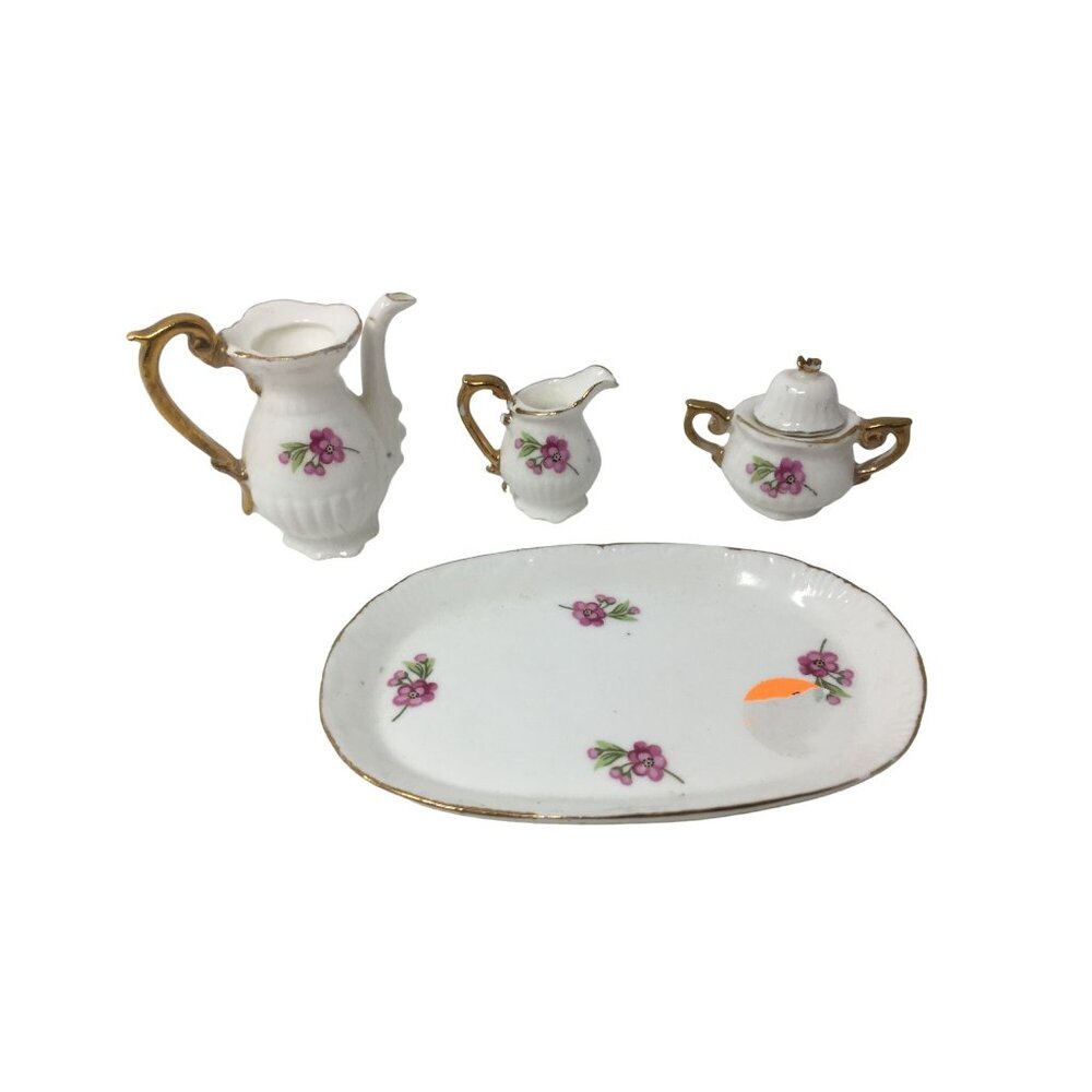 Vintage Miniature Fine Bone China Porcelain Tea Set- Tea Pot, Pitcher, Plate